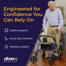 Load image into Gallery viewer, Drive Medical Rollator Walker with Seat - Stable Mobility Support - Height Adjustable - Durable Steel Frame Construction - Smooth 7.5" Wheels - Foldable - 350 Lb Limit - Blue
