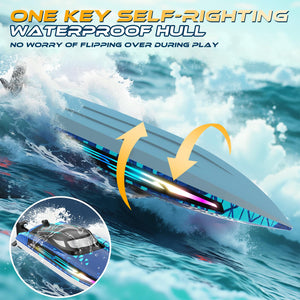 RC Remote Control Boat with 7LED Light Modes for Adults Kids 8-12 Pool Lakes, Waterproof 25KMH Electric Fast Boat with Self-righting