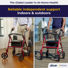 Load image into Gallery viewer, Drive Medical Rollator Walker with Seat - Stable Mobility Support - Height Adjustable - Durable Steel Frame Construction - Smooth 7.5" Wheels - Foldable Frame - 350 Lb Limit - Red
