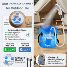 Load image into Gallery viewer, Cprnru Portable Shower for Camping, Rechargeable Camping Shower Pump with 3 Spray Modes, Outdoor Shower Kit with Suction Mount &amp; Mesh Bag for Travel, Pet Bath, RV Car Wash, Backyard Watering
