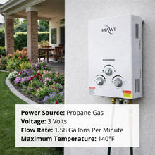 Load image into Gallery viewer, Tankless water heater Gas Propane 1.6GPM VENT FREE 41000 BTU Portable hot water Heater Great for RV &amp; Home outdoors installation - On demand Instant hot water supply - Calentador de agua de Gas White
