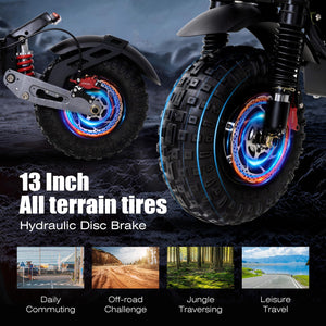 Electric Scooter Adult 7000W Brushless Motor Up to 55 MPH, 60V 33Ah Li-Ion Battery Range 65+ Miles, 13 "All Terrain Tires