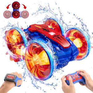 Remote Control Amphibious Gesture RC Boat Car - 4WD Waterproof Stunt Vehicle With LED Lights, Water Beach Pool Toys (Blue & Red)