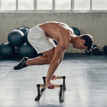 Load image into Gallery viewer, Purife T Shape Floor Stand Wood Push Up Handle Calisthenics Bars, Strength Training Pushup Stands Parallettes Bars with Sturdy Metal Bracket for Home Workouts
