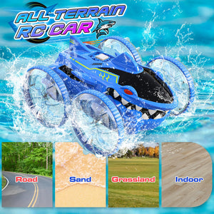 Amphibious Remote Control Car 4WD Waterproof 2.4Ghz Fast Stunt RC Car 360° Rotating with Lights Xmas Gifts
