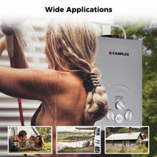 Load image into Gallery viewer, CAMPLUX Portable Tankless Water Heater 1.58 GPM, BW158G Propane Gas Shower for Camping, RV, Pet Washing, 41,000 BTU Outdoor Hot Water System, Battery Operated, Gray
