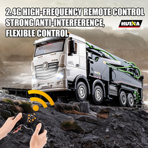 18.9 Inches 11 Channel Remote Control Cement Pump Truck 1/18 Scale 2-Batteries 2.4Ghz RC Concrete Construction Vehicle (Grey 8-Wheels)