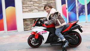 Ride on Motorcycle, 12V Kids Electric Motorcycle, Battery Operated Kids Vehicles with Hand Racing/Foot Brake/Light Wheel (RED)