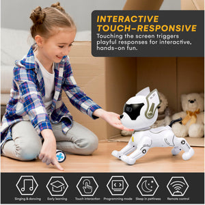 Top Race Robot Dog - Interactive RC Dog Toy with Gesture & Adventure Modes, Programming Treats, Rechargeable - White