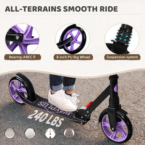 Kick Scooter for Ages 6+,Kid, Teens & Adults. Max Load 240 LBS. Foldable, Lightweight, 8IN Big Wheels for Kids, Teen and Adults
