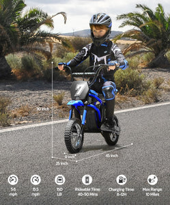 Electric Dirt Bike, 24V Ride on Toys for Big Kids, 350W Kids Motorcycle with Music & Bluetooth, 15.5 mph & 150lb Max-Blue