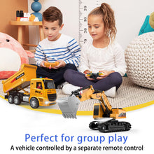 Load image into Gallery viewer, Remote Control Excavator and Dump Truck Toy Set - RC Construction Vehicles Toy with Barricades, Road Signs
