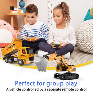 Remote Control Excavator and Dump Truck Toy Set - RC Construction Vehicles Toy with Barricades, Road Signs