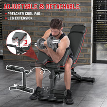 Load image into Gallery viewer, XDDIAS Weight Bench, 900LBS Workout Bench With Leg Extension For Home Gym Equipment, Adjustable Strength Training Bench with Preacher Curl Pad And Extended Headrest, Bench For Full Body Fitness
