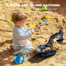Load image into Gallery viewer, RC Excavator Toy for Boys -11CH Remote Control Excavator with Metal Shovel, Lights, Sound &amp; Spray, 2×600mAh Rechargeable
