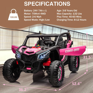 24V 2 Seater Kids Ride on UTV Car w/Remote Control, 4WD Powerful Electric Vehicle with 4x75W Motors, 4 Shock Absorbers, Pink