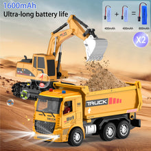 Load image into Gallery viewer, Remote Control Excavator and Dump Truck Toy Set - RC Construction Vehicles Toy with Barricades, Road Signs
