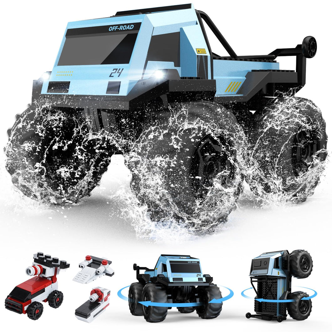 Amphibious Remote Control Car Monster Truck Toys Waterproof RC Stunt Cars for Boys 8-12 Toys W/Blocks & 360°Spin