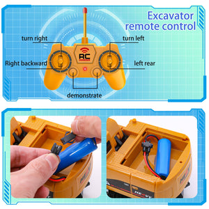 Remote Control Excavator and Dump Truck Toy Set - RC Construction Vehicles Toy with Barricades, Road Signs, Simulated Rocks
