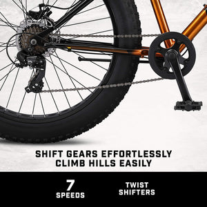 Fat Tire Mountain Bike for Adult Men Women, 26-Inch Wheels, Mechanical Disc Brakes, 17-Inch Steel Hardtail Frame, 7-Speed, Copper