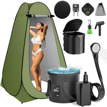 Load image into Gallery viewer, Portable Camping Shower,Upgraded Extra Large Pop Up Privacy Tent Kit with LED Light and Foldable Toilet, 6000mAh LCD Screen Shower Pump, 5.3 Gallons Bucket, Outdoor Shower for Hiking, Travel, Car
