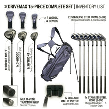Load image into Gallery viewer, XDriveMax 15-Piece Men's Right Handed Complete Golf Club Set - Forged Titanium 10.5° Driver, #3 Fairway, #4 Hybrid, 5-SW Stainless Steel Irons, Putter and Lightweight Stand Bag - Right,Grey
