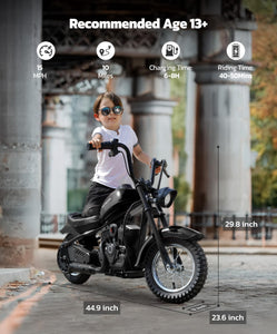 Electric Dirt Bike, 15 mph & 150lb Max, 24V Ride on Toy for Big Kids w/LED Lights & Power Display, Chain-Driven Motor-Black