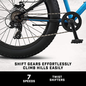 Fat Tire Mountain Bike for Youth Boys Girls, 24-Inch Wheels, Mechanical Disc Brakes, 12-Inch Steel Hardtail Frame, 7-Speed, Blue