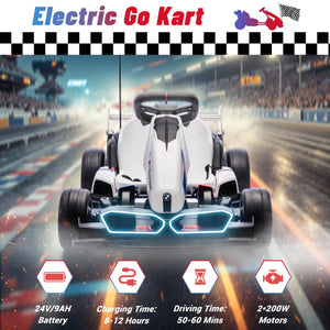 Electric Go Kart with Adjustable Seat, 24V Licensed BMW Drift Kart with Dual 200W Motors (White)