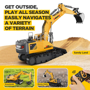21" Large Remote Control Excavator Toy with Metal Bucket & Dozer Blade, 15-Channel RC Excavator Toys, 120+Mins/Spray/Sound/Light