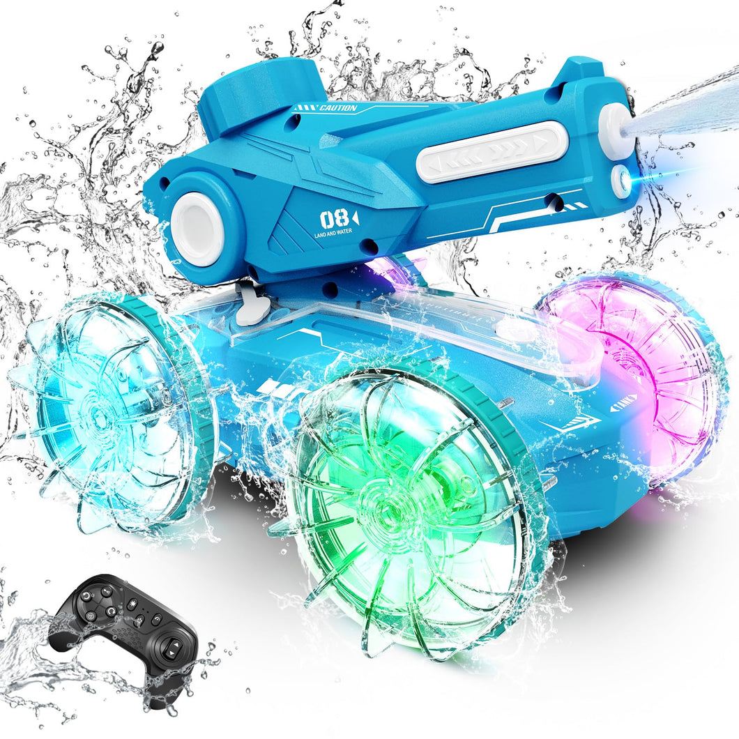 Amphibious Remote Control Car Boat for Kids, 2.4GHz 4WD Water Squirt RC Stunt Car with LED Lights, 45-Minute Playtime