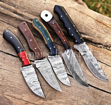 Load image into Gallery viewer, Set Of 5 Hunting Knives, Full Tang Damascus Steel Fixed Blade, Wood &amp; Micarta Handle, Combat Knife With Leather Sheath For Bushcraft, Hiking, Camping By Empire Industry
