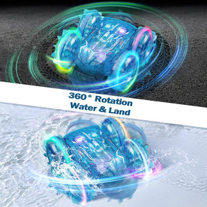 Amphibious Remote Control Car for Boys, 2.4GHz RC Boat Monster Truck with LED Lights, 4WD All Terrain Stunt Car