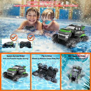 Amphibious Remote Control Car 8WD RC Monster Truck with 2 Rechargeable Batteries for Boys Age 8-12 Offroad Waterproof, Green