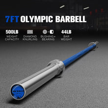 Load image into Gallery viewer, RitFit Elite 7ft Olympic Barbell, Robust 45lb Barbell for Weightlifting and Powerlifting, Superior Olympic Bar with Exceptional 500lbs Load Capacity, Weight Bar for 2” Standard Plates Sliver/Blue
