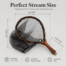 Load image into Gallery viewer, Premium Handcrafted Fly Fishing Net with Natural Bamboo Frame, Rubber Hex Mesh, Brass Lanyard Ring, Trout Stream Size
