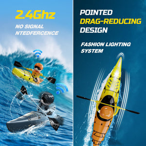 RC Kayak Boat for Kids,2.4 Ghz Remote Control Shark Boat Toys W/LED Light for Pools, Lake, Bathtub Never Capsize Summer Outdoor Water Toys