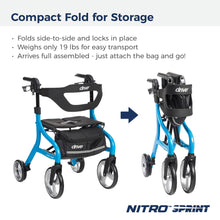 Load image into Gallery viewer, Drive Medical Nitro Sprint Foldable Rollator Walker with Seat - Lightweight Support - Large Wheels - Compact Folding Design - Adjustable Comfort - Standard Size - Blue
