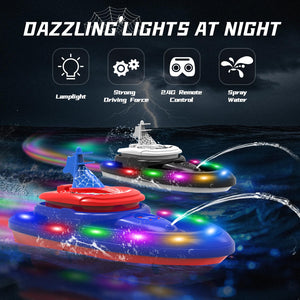 Spider-Shaped Remote Control Boat for Pool, RC Boats 2-Pack Summer Toys with Water Spray for Kids, LED Lights (Blue & Red)