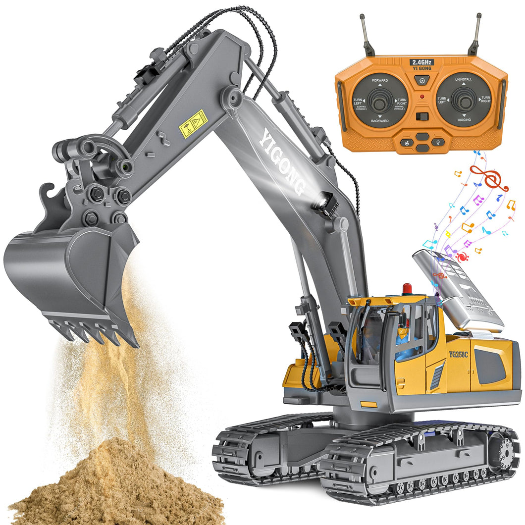 Remote Control Excavator Toy, Rechargeable 11 Channel 2.4Ghz RC Construction Vehicles with Metal Shovel for Kids, 680° Rotation