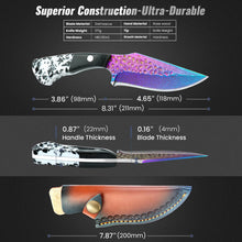 Load image into Gallery viewer, Premium Hunting Knife with Leather Sheath, 4.2" Damascus Style Fixed Blade Knife, Rainbow Titanium Coated German High Carbon Steel, Two-Tone Wood Handle,Unique Outdoor EDC Knife Gift for Men and Women (Dazzling colors) (New Dazzling Colors)
