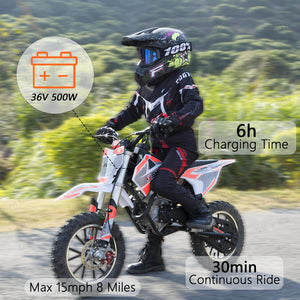 Electric Dirt Bike, 36V 500W Off-Road Electric Motocycle for Kids 8-14 Yrs,15 MPH Peak Speed, Dual Suspension High Torque Motor