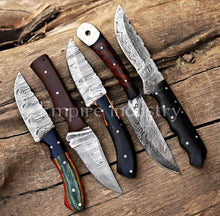 Load image into Gallery viewer, Set Of 5 Hunting Knives, Full Tang Damascus Steel Fixed Blade, Wood &amp; Micarta Handle, Combat Knife With Leather Sheath For Bushcraft, Hiking, Camping By Empire Industry
