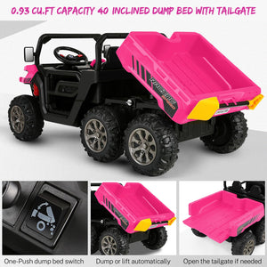 24V Ride On Dump Truck 2 Seater, XXL, 6 Anti-Slip Wheelers, Kids Electric UTV with Dump Bed, Shovel, Music Player, LED Light, Pink