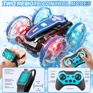 Amphibious Remote Control Car, 2.5GHz 4WD 131Ft 360° Rotation, 180° Flip，60Mins Play, Rechargeable Gesture Rc Car with LED