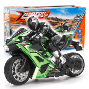 2.4G RC Remote Control Stunt Motorcycle with Riding Figure, 1:10 Scale High Speed Cross Country 360 Degree Rotation Green)