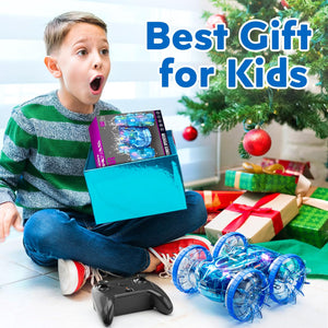 Amphibious Remote Control Car for Boys, 2.4GHz RC Boat Monster Truck with LED Lights, 4WD All Terrain Stunt Car