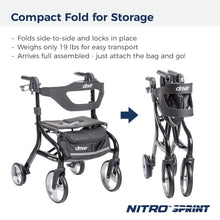Load image into Gallery viewer, Drive Medical Nitro Sprint Foldable Rollator Walker with Seat - Lightweight Support - Large Wheels - Compact Folding Design - Adjustable Comfort - Standard Size - Black
