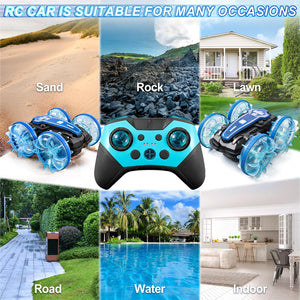 Amphibious Remote Control Car, 2.5GHz 4WD 131Ft 360° Rotation, 180° Flip，60Mins Play, Rechargeable Gesture Rc Car with LED