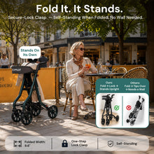 Load image into Gallery viewer, StepPilot Zero Wobble Rollator Walker with Seat for Seniors, 350lb Capacity, 18" Extra Wide Seat, 8" Wheels &amp; Dual Brake, One-Hand Folds to 9.6", 7-Level Handle Adjustable, Cup Holder &amp; Cane Clip
